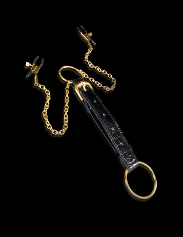 Эрекционное кольцо с зажимами на соски "Fetish Gold" металл