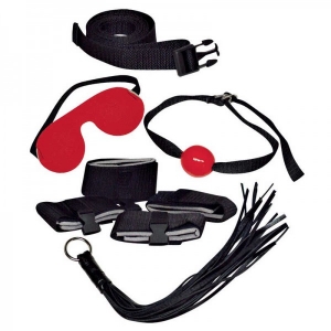 Набор БДСМ-девайсов "Bad Kitty" наручники и наножники, кляп, маска, плетка