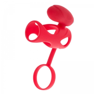 Насадка с кольцом для мошонки и клиторальным стимулятором "Black&Red" красная, с вибрацией