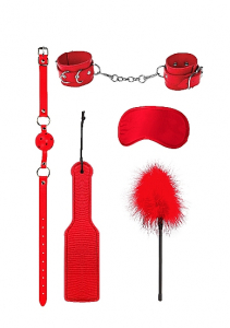 Набор БДСМ-девайсов красный "Ouch" кляп, наручники, шлепалка, маска, ласкалка
