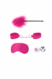 Набор БДСМ-девайсов розовый "Ouch" наручники, маска, ласкалка, кубики