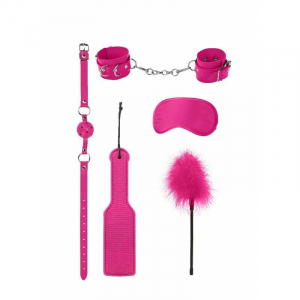 Набор БДСМ-девайсов розовый "Ouch" кляп, наручники, шлепалка, маска, ласкалка